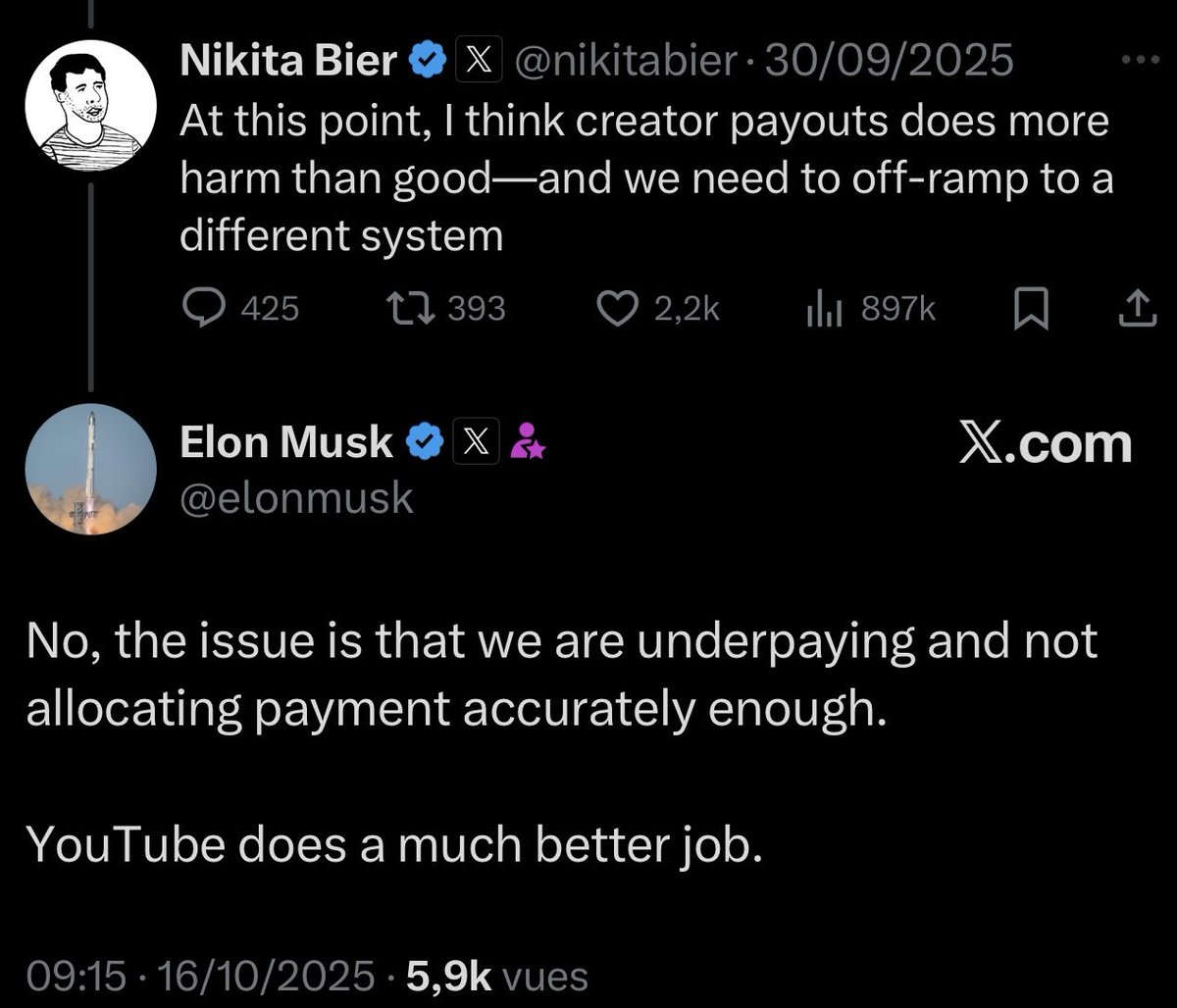 🚨 BREAKING. ELON MUSK ने कहा कि X के क्रिएटर भुगतान सिस्टम की मुख्य समस्या कम भुगतान और राजस्व का गलत आवंटन है।

उन्होंने आगे कहा कि यूट्यूब क्रिएटर भुगतान को बेहतर तरीके से संभालता है, जिससे एक्स के मुद्रीकरण मॉडल में आगामी सुधारों का संकेत मिलता है।

दोस्तों अब अच्छे दिन आने