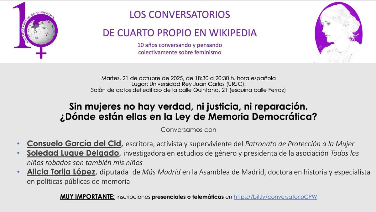 MIS NIÑOS ROBADOS (@bebes_robados_) on Twitter photo LOS CONVERSATORIOS DE CUARTO PROPIO DE WIKIPEDIA
En esta ocasión se hablará del lugar (o no lugar) que tienen las mujeres en la Ley de Memoria Democracia.
Un honor para <a href="/BEBES_ROBADOS_/">MIS NIÑOS ROBADOS</a> asistir a este debate.
Inscripción:
eventos.urjc.es/140737/detail/…
Participantes, fecha y lugar👇🏻 LOS CONVERSATORIOS DE CUARTO PROPIO DE WIKIPEDIA
En esta ocasión se hablará del lugar (o no lugar) que tienen las mujeres en la Ley de Memoria Democracia.
Un honor para <a href="/BEBES_ROBADOS_/">MIS NIÑOS ROBADOS</a> asistir a este debate.
Inscripción:
eventos.urjc.es/140737/detail/…
Participantes, fecha y lugar👇🏻