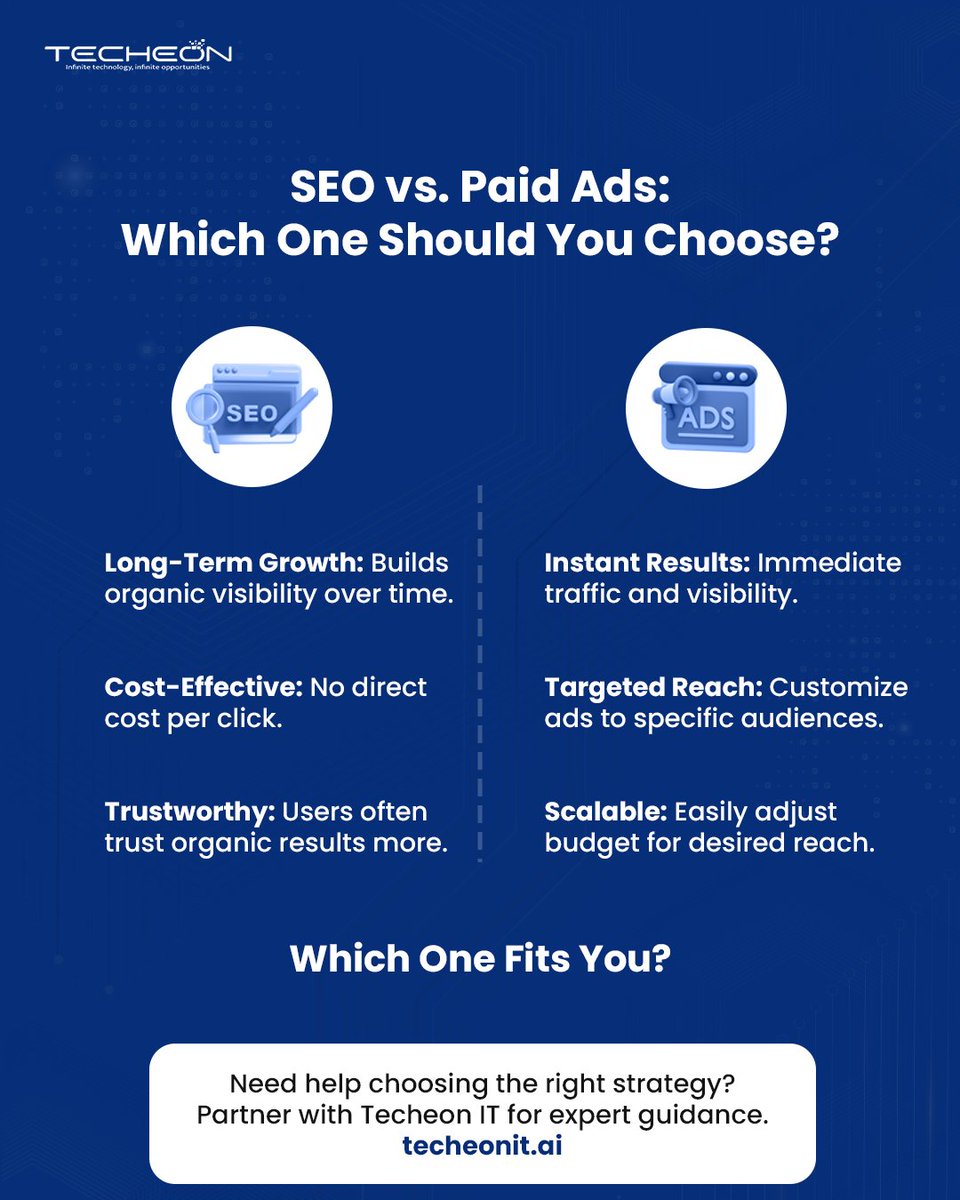 Techeon_Ai's tweet image. SEO vs. Paid Ads: Which Grows Your Business?💡

SEO is like planting a seed and Paid Ads (PPC) is like fertilizer - quick boost and instant growth.

Let #TecheonIT guide your strategy to grow smart and fast.

#DigitalMarketing #SEOVsPPC #MarketingStrategy #OnlineGrowth #SMBMarket