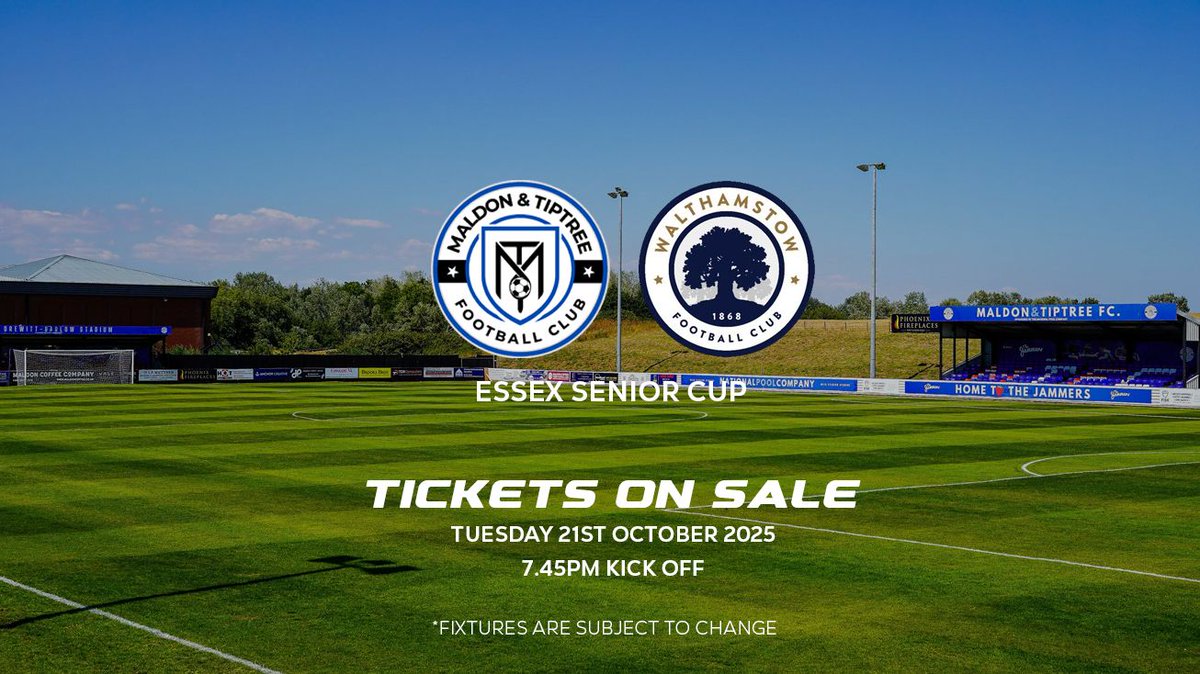DO NOT MISS OUR BBC ESSEX SPORT CUP MATCH NEXT TUESDAY!

We host Walthamstow F.C. on Tuesday 21st October 2025 in a 7.45pm Kick Off! 

This is one you don't want to miss! Get your tickets early! As we may have a very special guest attending!

📲 maldontiptreefc.com/match/bbc-esse…