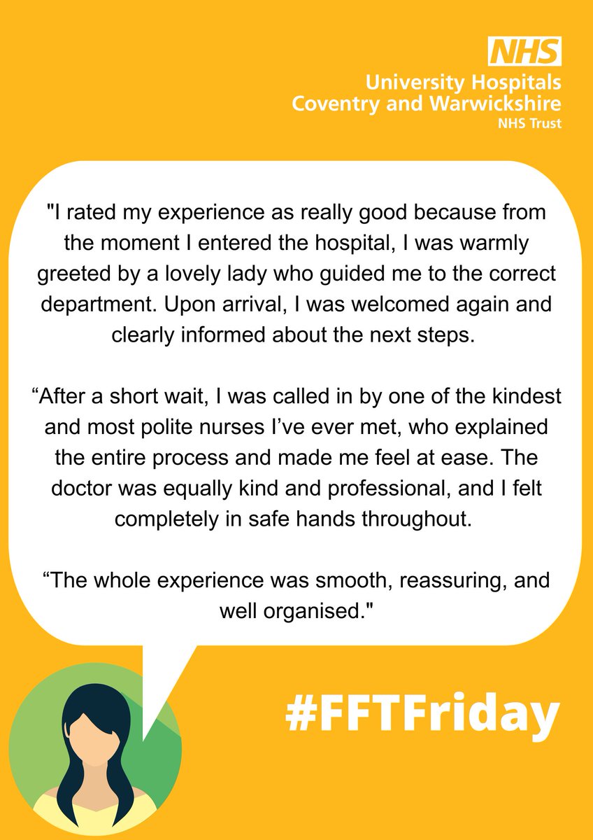 Our final #FFTFriday visit this week is to the Neurophysiology Department <a href="/nhsuhcw/">UHCW NHS Trust</a>.

This patient rated their experience as very good and safe from the start to finish.

#WhatMattersToYouMattersToUs #FFTFriday