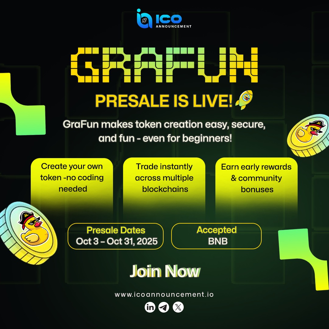 ICOAnnouncement's tweet photo. Create, trade, and earn with GraFun ($GRAFUN) - presale live now!
Know More Visit: https://t.co/zKH4kchGFu
#GraFun #GRAFUN #GraFunPresale #Crypto #DeFi #NFTs #Web3 #Blockchain #CryptoPresale #EarlyCryptoRewards