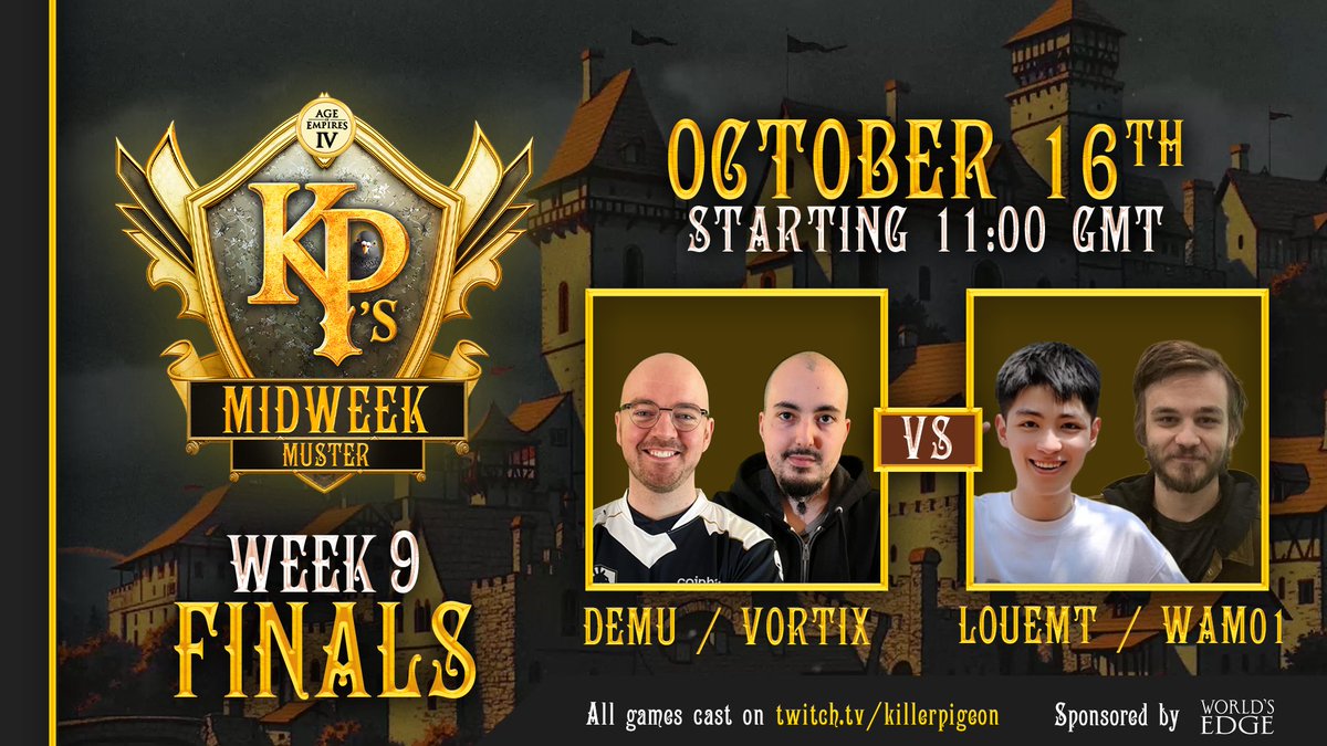 FINALS THURSDAY IS LIVE!  

LoueMT vs Wam01 
VortiX vs DeMu  

Grand Finals,  AND THEN a special reveal for Anno 117 

twitch.tv/killerpigeon