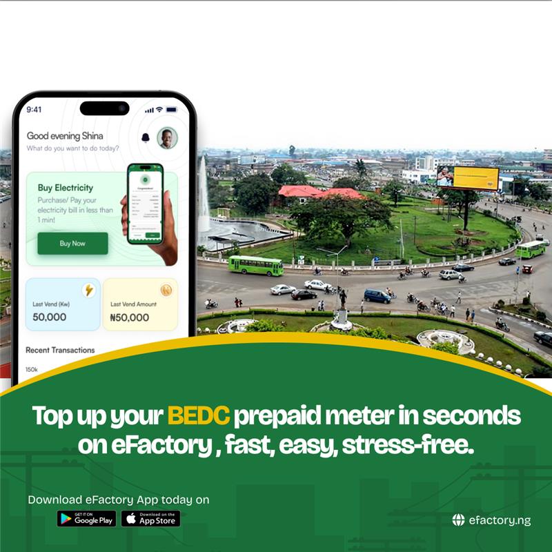 electFactory's tweet image. Top-up your BEDC prepaid meter with ZERO stress. Buy electricity unit for the meter on eFactory.

Get started: efactory.ng/buy-electricit…

#electricitybillpayment #bedc #efactory