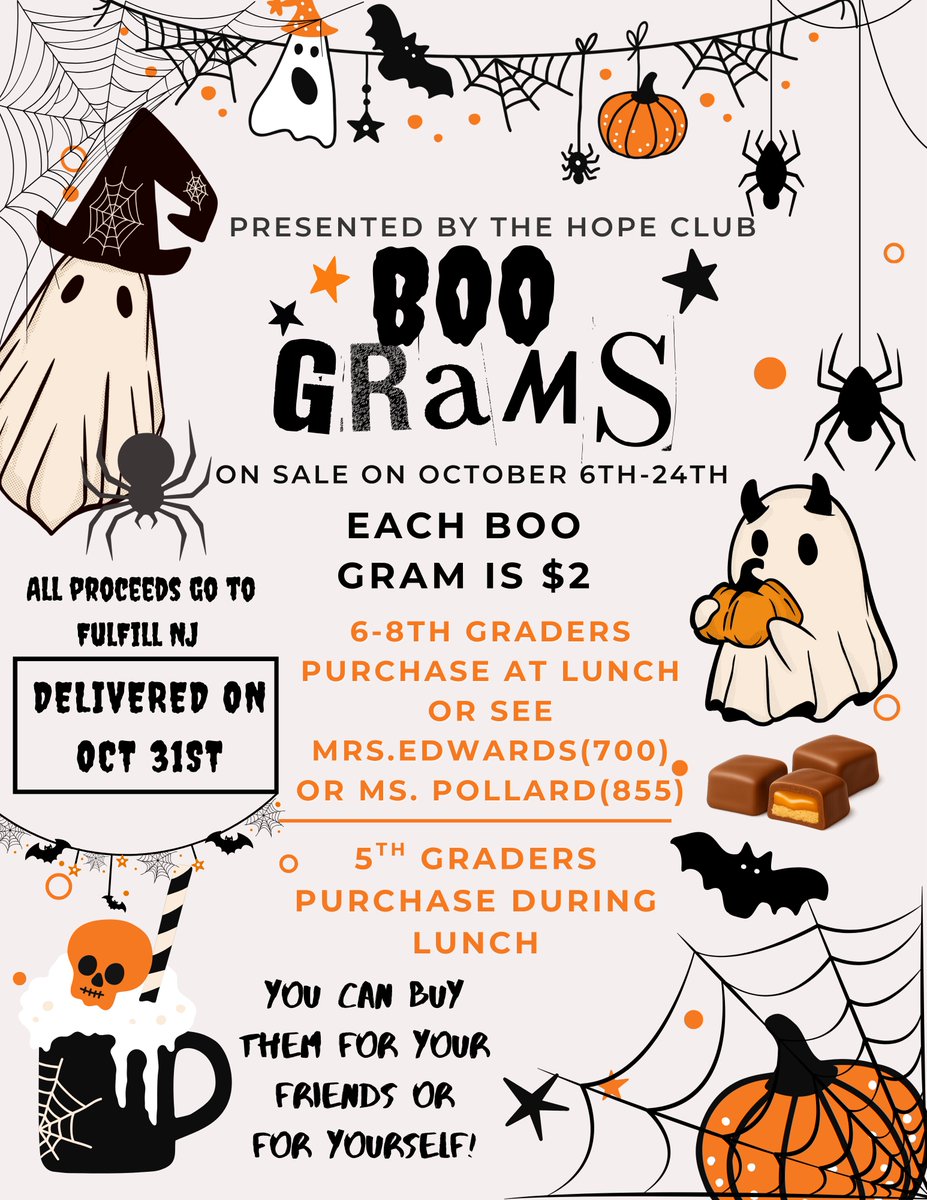 Boo Grams are back and you don't want to miss it!👻One week left to participate! Send a friend, staff member, or yourself a Boo Gram(a small bag with a few pieces of candy) that is delivered on Halloween. Check the flyer to see how to purchase. All proceeds go to Fulfill NJ!