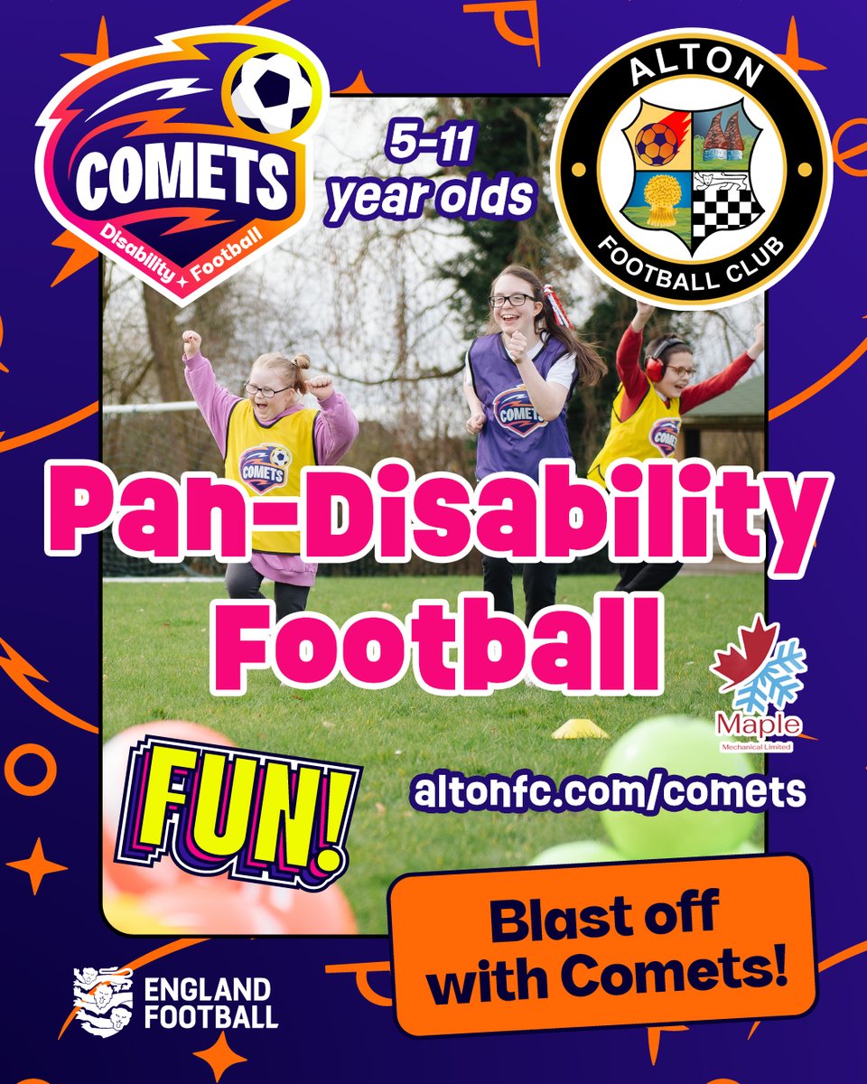alton_fc's tweet photo. ✨ New kit for our new Comets! 🚀

Thank you Maple Mechanical for sponsoring our pan-disability football sessions for 5-11 year olds.

✨ FREE Taster Session!✨
⚽️ Next session: This Monday, 6-7PM

Info at https://t.co/5mlqsrFZJT

@AltonYouth @AltonLFC @HampshireFA https://t.co/A8PdKDFRKA