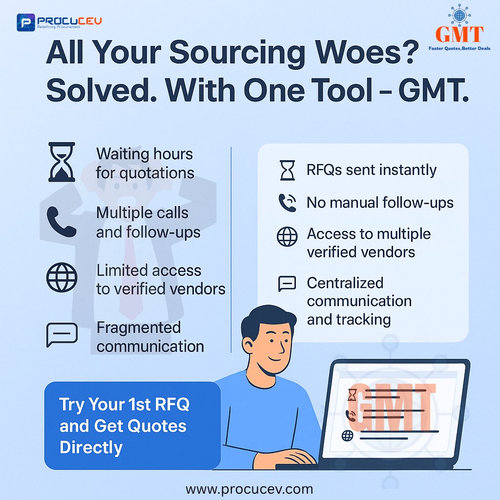 procucev's tweet image. Your sourcing needs a better partner to cut endless calls, scattered emails, & hours chasing quotes. ⏳📞📝
GMT the solution. Send RFQs instantly, connect with verified vendors & track RFQ's seamlessly on one platform.
#SmartSourcing #B2B #Procurement #SCM #GMT #Procucev #Today