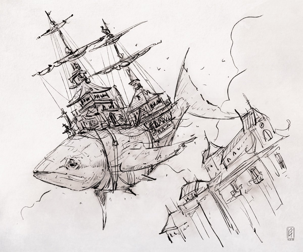 GFromenteau's tweet image. Little #fish and #ships #ink sketch last night - petit #croquis de porteflot hier soir.