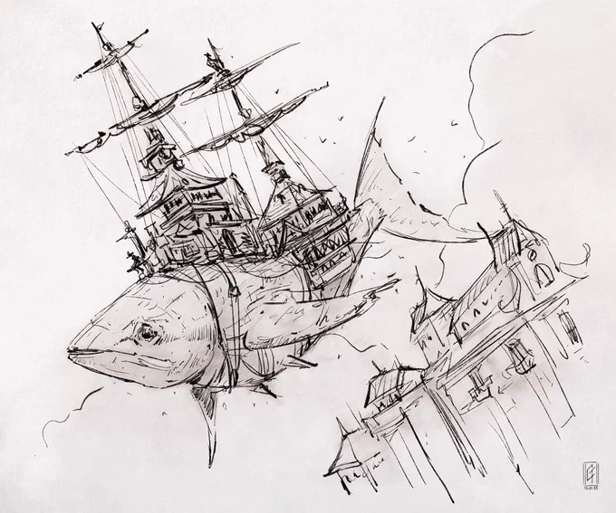 Little #fish and #ships #ink sketch last night - petit #croquis de porteflot hier soir. 