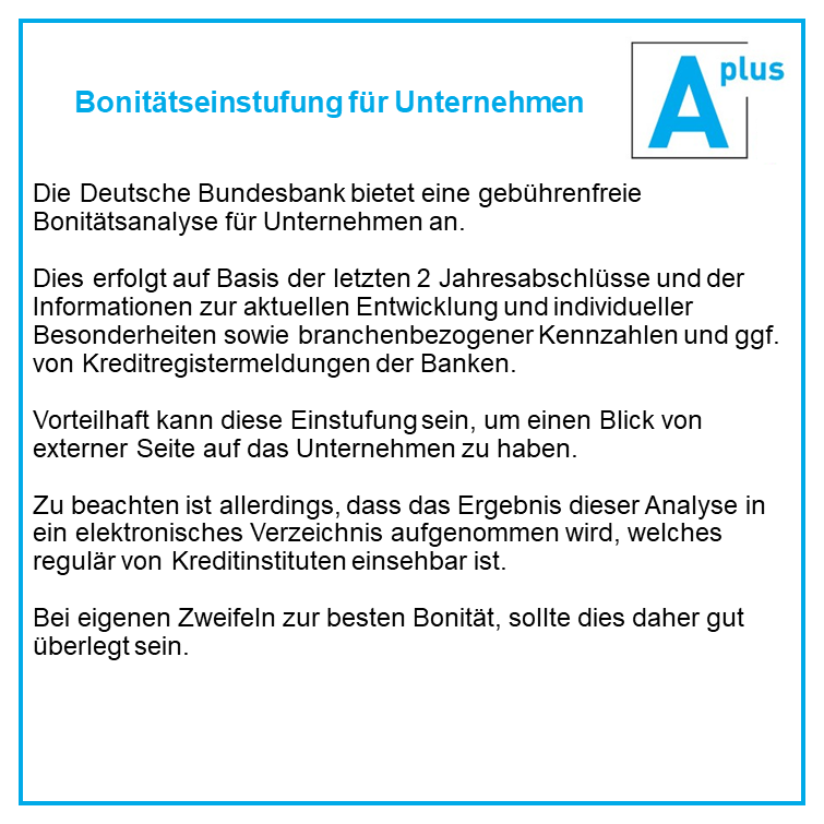 aplus_berater's tweet photo. Die Deutsche Bundesbank bietet eine gebührenfreie Bonitätsanalyse für Unternehmen an.

Bei eigenen Zweifeln zur besten Bonität, sollte dies daher gut überlegt sein.

=> Zum aktuellen Aplus-Tipp des Monats mit alternativen Möglichkeiten für interne Zwecke
https://t.co/IvYb2T4EMu https://t.co/U7LaySuHZJ