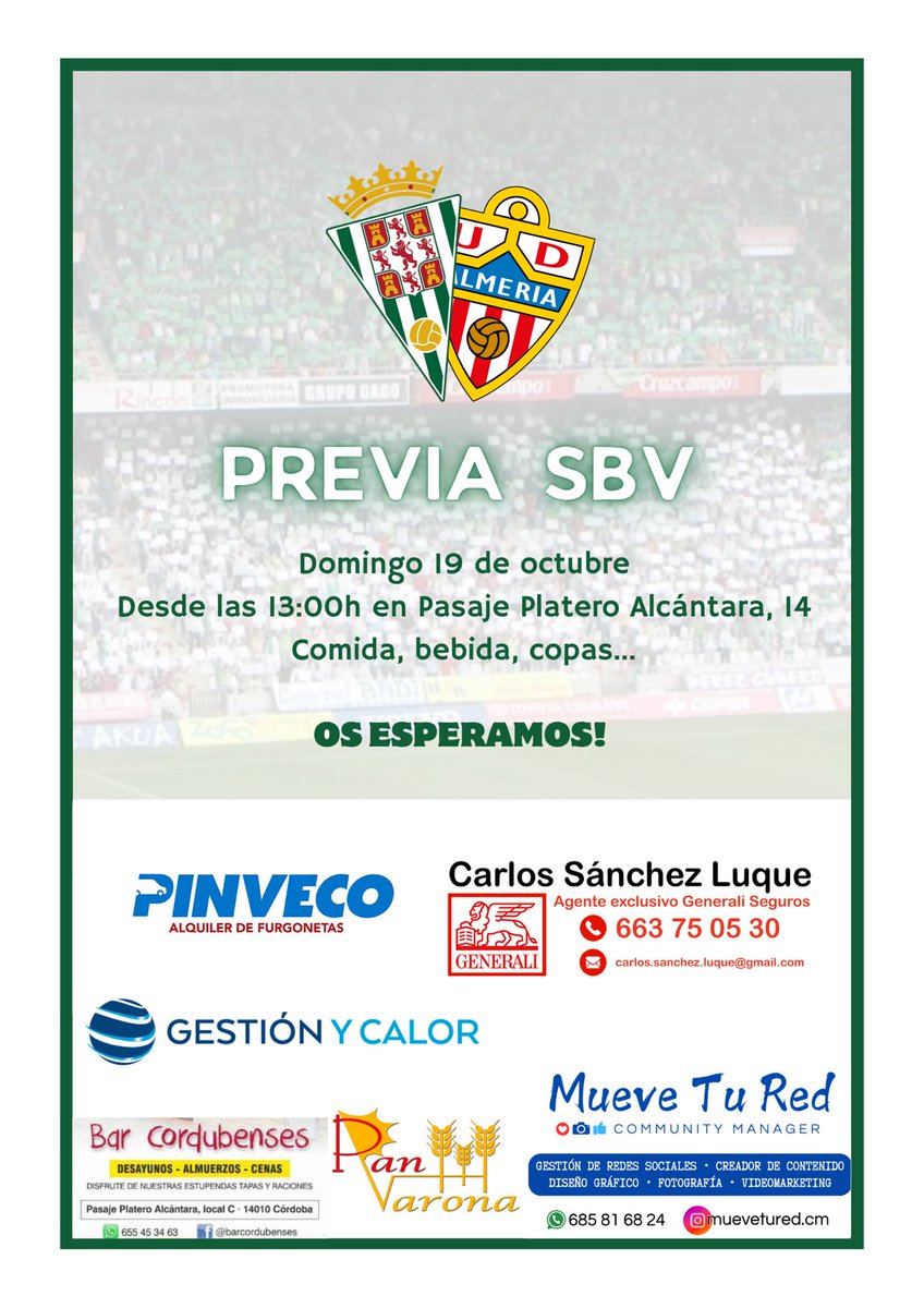 ⚪️🟢 𝐏𝐫𝐞𝐯𝐢𝐚 𝐒𝐁𝐕 ⚪️🟢

Este domingo tenemos un PARTIDAZO en el reino. Acompáñanos en las horas previas con el mejor ambiente.

📍 Pasaje Platero Alcántara, 14
⏰ 13:00h
😋 Comida, cerveza, refrescos, copas…

𝙊𝙎 𝙀𝙎𝙋𝙀𝙍𝘼𝙈𝙊𝙎 🙌🏻