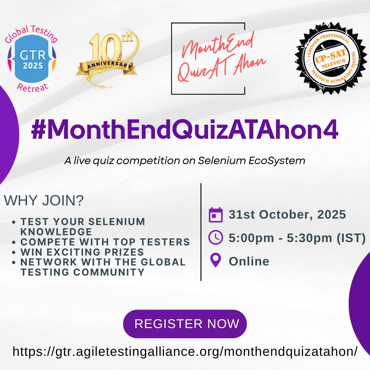 TestingRetreat's tweet image. #MonthEndQuizATAhon4
Join the fastest 30-minute Selenium quiz challenge and test your automation skills.
31st Oct | 5:00–5:30 PM IST | Online | Theme: Selenium Ecosystem
Earn leaderboard points, certificates, and ATA goodies.
Register: gtr.agiletestingalliance.org/monthendquizat…