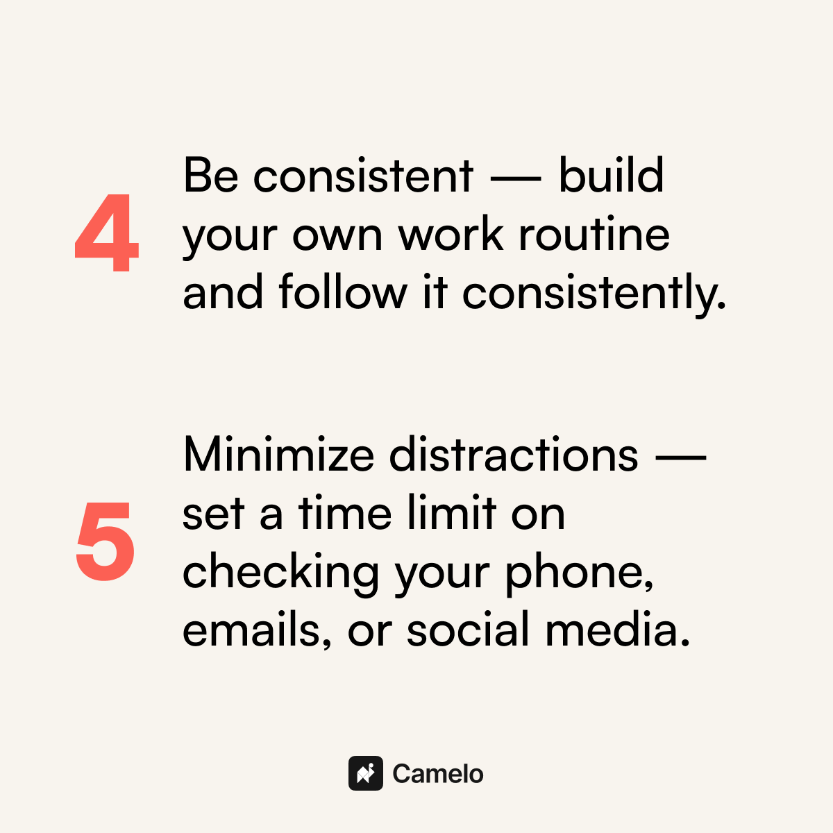 CameloHq's tweet photo. Small business owners: You can't pour from an empty cup ☕
5 practical tips to help you balance business growth with personal wellbeing. Which one hits home for you?
#Camelo #ShiftWorkMadeEasier #WorkLifeBalance https://t.co/6m03MD8HDY