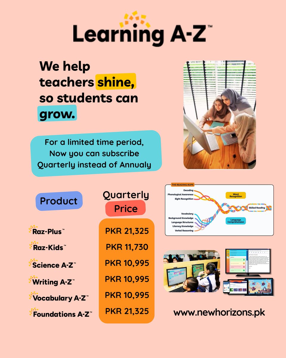 newhorizonsisb's tweet image. 🎉 𝗤𝘂𝗮𝗿𝘁𝗲𝗿𝗹𝘆 𝗦𝘂𝗯𝘀𝗰𝗿𝗶𝗽𝘁𝗶𝗼𝗻 𝗢𝗳𝗳𝗲𝗿 𝗡𝗼𝘄 𝗔𝘃𝗮𝗶𝗹𝗮𝗯𝗹𝗲! 🎉

📚 Choose from:
✅ Raz-Plus
✅ Raz-Kids
✅ Science A-Z
✅ Writing A-Z
✅ Vocabulary A-Z
✅ Foundations A-Z

💻 Visit: newhorizons.pk

#learningaz #razplus #newhorizonsislamabad