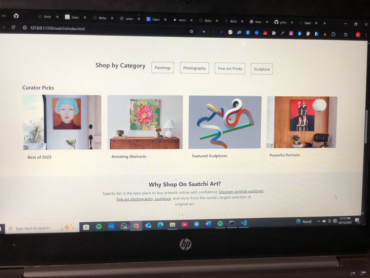 damola_D1's tweet image. I recently built a clone of the Saatchi Art website as a learning project.
It helped me practice responsive design, layout structure, and modern web development techniques.
Excited to keep improving and working on more real-world projects
#sqiicit #learning #fronted