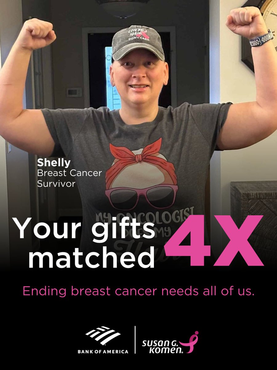 Susan G. Komen (@susangkomen) on Twitter photo "this can't be happening, I'm the one that delivers this news to people," said Shelly, a nurse practitioner, about her #breastcancer diagnosis. "I was lucky enough to have strong support system," she said.
Gifts today are matched 4x by <a href="/BankofAmerica/">Bank of America</a>. bit.ly/4nQGQLs "this can't be happening, I'm the one that delivers this news to people," said Shelly, a nurse practitioner, about her #breastcancer diagnosis. "I was lucky enough to have strong support system," she said.
Gifts today are matched 4x by <a href="/BankofAmerica/">Bank of America</a>. bit.ly/4nQGQLs