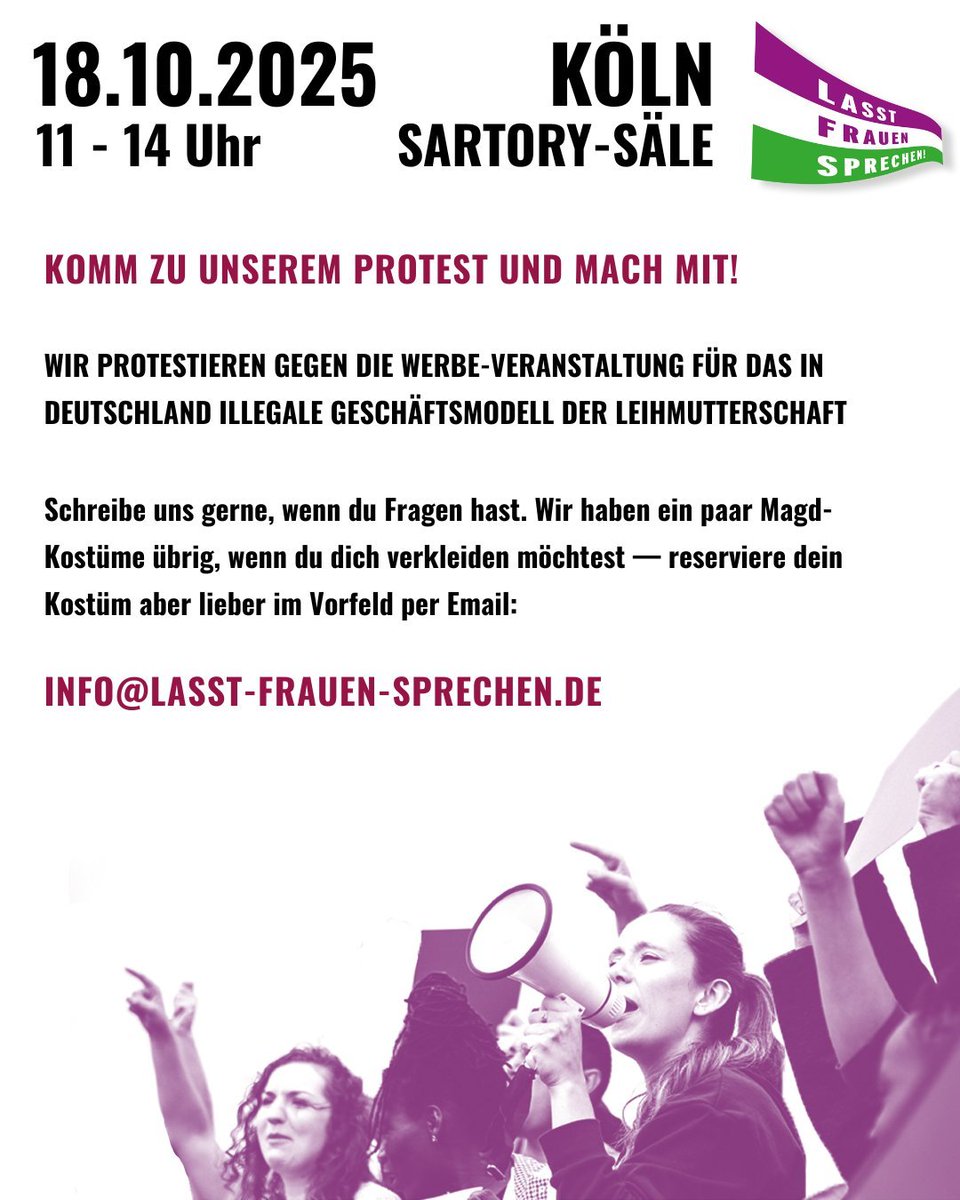 Dieser Samstag - Kundgebung in Köln!

Es gibt kein Recht auf ein Kind.  Frauen sind keine Produktionsmittel, Kinder sind keine Produkte, die man erwerben kann.

Wir frage die Stadt <a href="/Koeln/">Stadt Köln</a>: ist die Messe #WishForABaby gesetzeskonform und ethisch unproblematisch? 

Dieser Frage