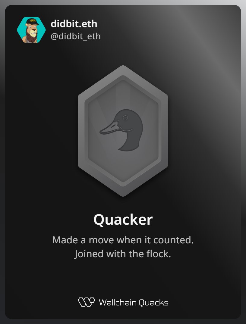 Just unlocked the Quacker on @wallchain_xyz 🏆

How cool is that?

Feels great to have my contributions recognized.

How’s Wallchain Quacks been treating you so far?

Not on board yet? Drop a comment for an invite 👇🦆