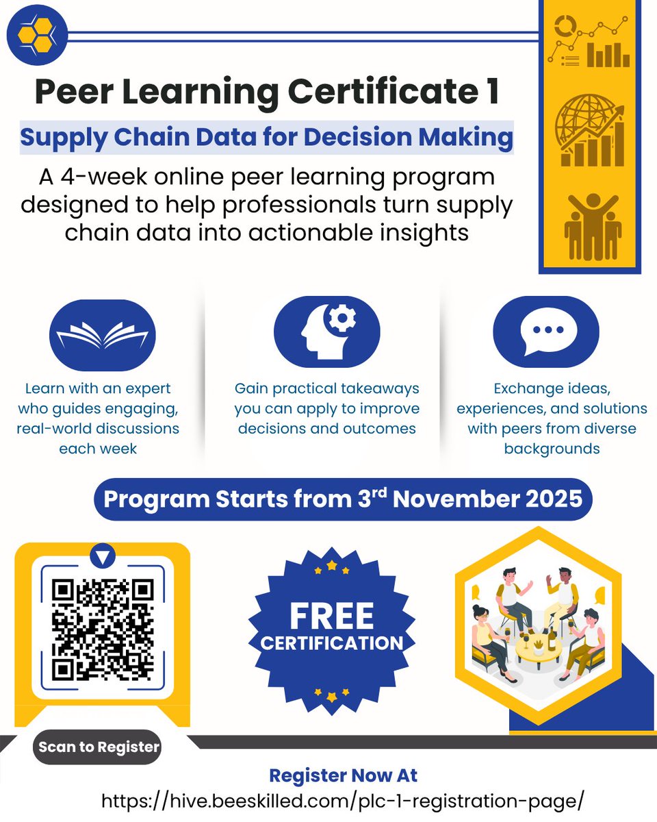 Join supply chain professionals across the globe in our first Peer Learning Certificate (PLC 1): a 4-week collaborative journey on Supply Chain Data for Decision Making. 
 
4 Weeks | Fully Online | FREE Participation 

Register now at hive.beeskilled.com/plc-1-registra… 

#Beeskilled