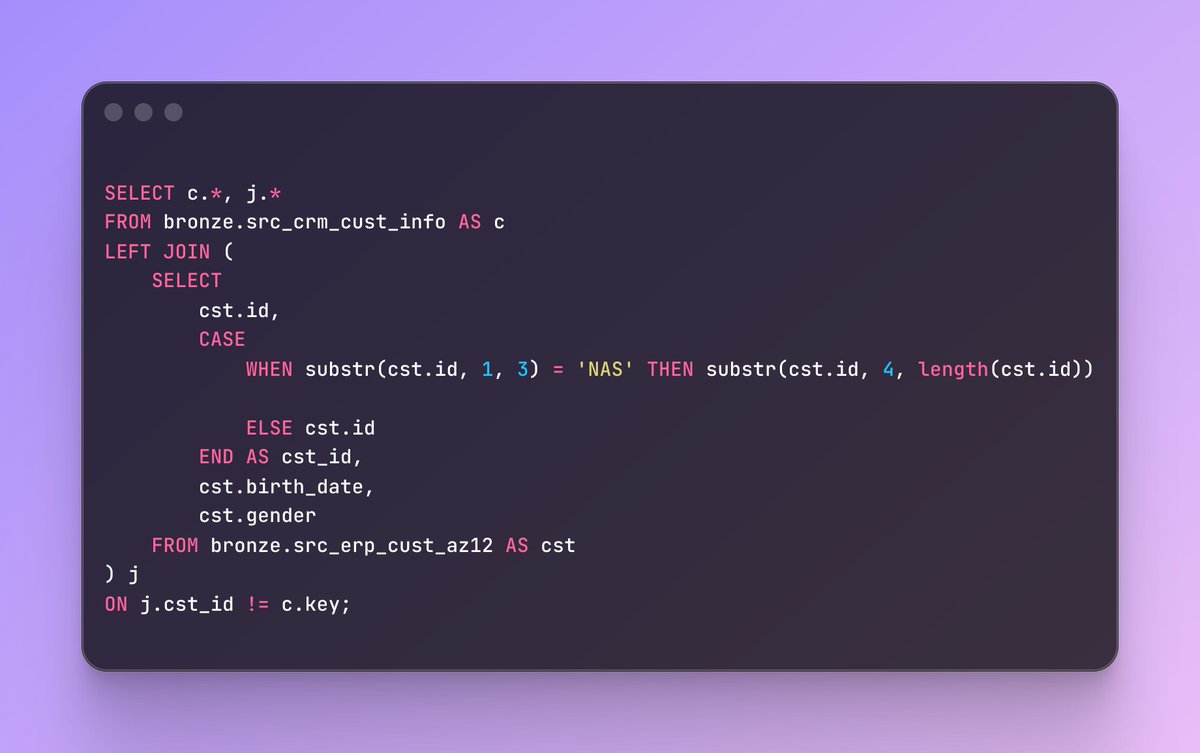 thehungertocode's tweet image. One poorly written SQL query can melt your machine 😅

I ran this join for a data quality check: [Query Attached]

Table Rows:
1. c: 18,494 rows
2. j: 18,484 rows, No indexes in the bronze layer

👉 Expected: simple CRM ↔ ERP ID match
👉 Actual: != triggered a massive Cartesian…