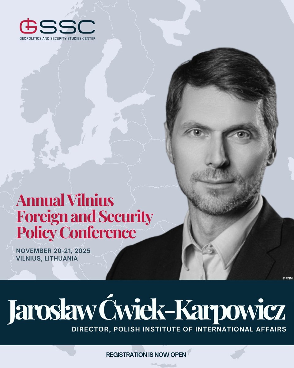 Geopolitics and Security Studies Center (@gssc_lt) on Twitter photo A sharp geopolitical mind, decoding Europe’s security shifts.🧠
Jarosław Ćwiek-Karpowicz is the Director <a href="/PISM_Poland/">PISM</a> and one of Poland’s leading thinkers on geopolitics, energy, security  and transatlantic relations will join the Vilnius Foreign and Security Policy Conference A sharp geopolitical mind, decoding Europe’s security shifts.🧠
Jarosław Ćwiek-Karpowicz is the Director <a href="/PISM_Poland/">PISM</a> and one of Poland’s leading thinkers on geopolitics, energy, security  and transatlantic relations will join the Vilnius Foreign and Security Policy Conference