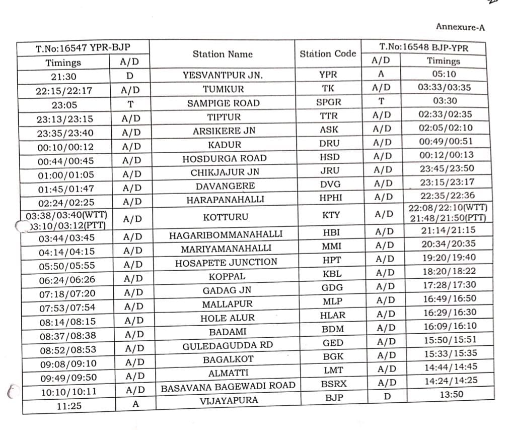 Yesvantpur - Vijayapura daily express regular run from 8.12.2025 ex YPR and 9.12.2025 ex BJP