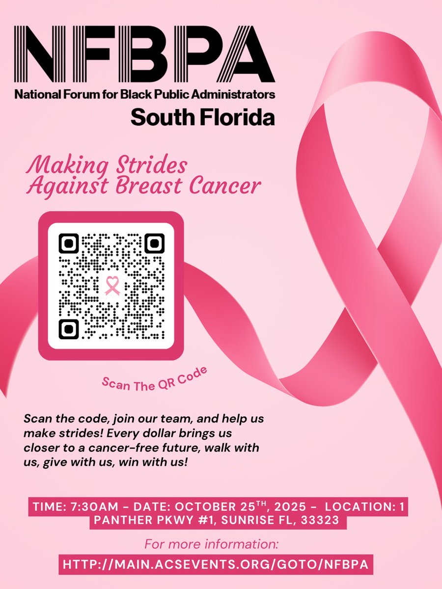 Join The South Florida Chapter of The NFBPA in Making Strides Against Breast Cancer! We look forward to seeing you there. 

Date: October 25, 2025
Time: 7:30 am
Location: 1 Panther PKWY # Sunrise, FL 33323

Register Here:
secure.acsevents.org/site/STR?pg=te…