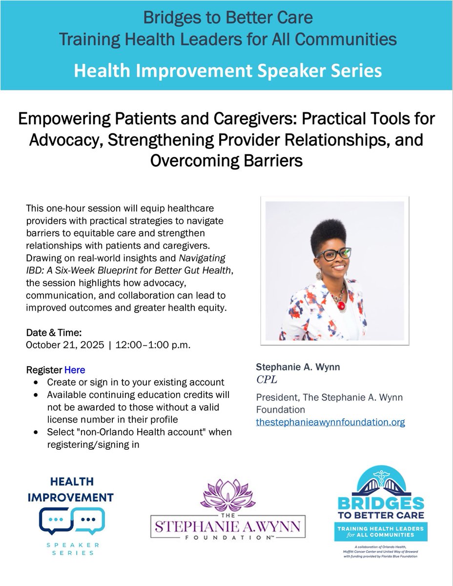 Join me Oct 21 at 12 PM EST for Empowering Patients &amp; Caregivers: Practical Tools for Advocacy &amp; Strengthening Provider Relationships part of the Health Improvement Speaker Series.

Let’s bridge gaps in healthcare and advance equity.

Register: cmetracker.net/OH/Publisher?p…

 #IBD