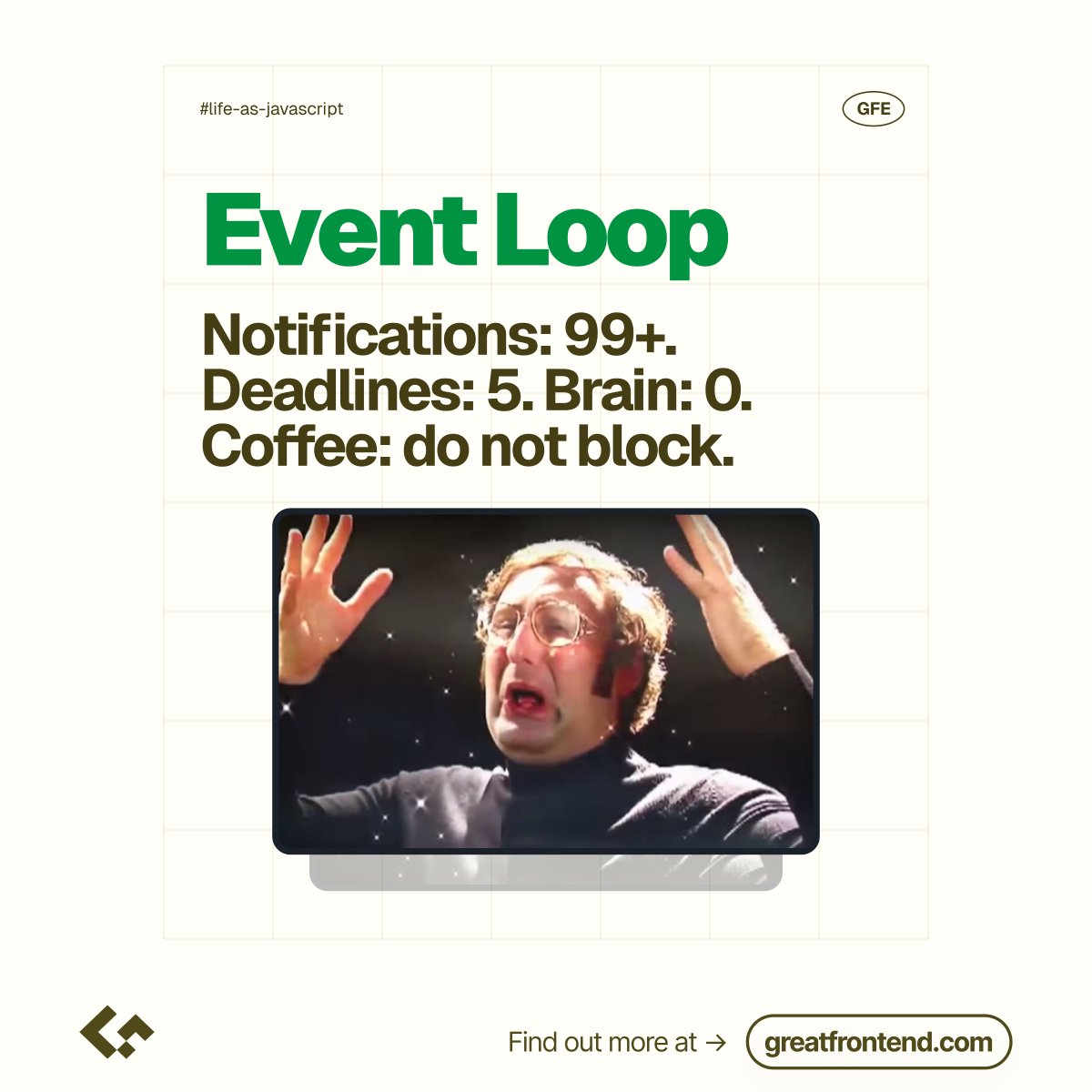 greatfrontend's tweet image. If you’ve ever felt like your week runs on the same event loop, this is for you.

Swipe through Life as JavaScript 🤯 and tell us which slide sums up your current sprint best 👇

#JavaScript #Frontend #GreatFrontEnd #WebDevelopment