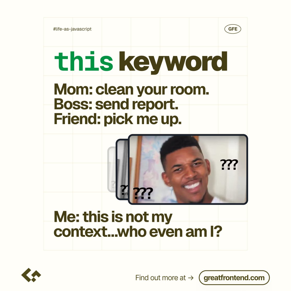 greatfrontend's tweet image. If you’ve ever felt like your week runs on the same event loop, this is for you.

Swipe through Life as JavaScript 🤯 and tell us which slide sums up your current sprint best 👇

#JavaScript #Frontend #GreatFrontEnd #WebDevelopment