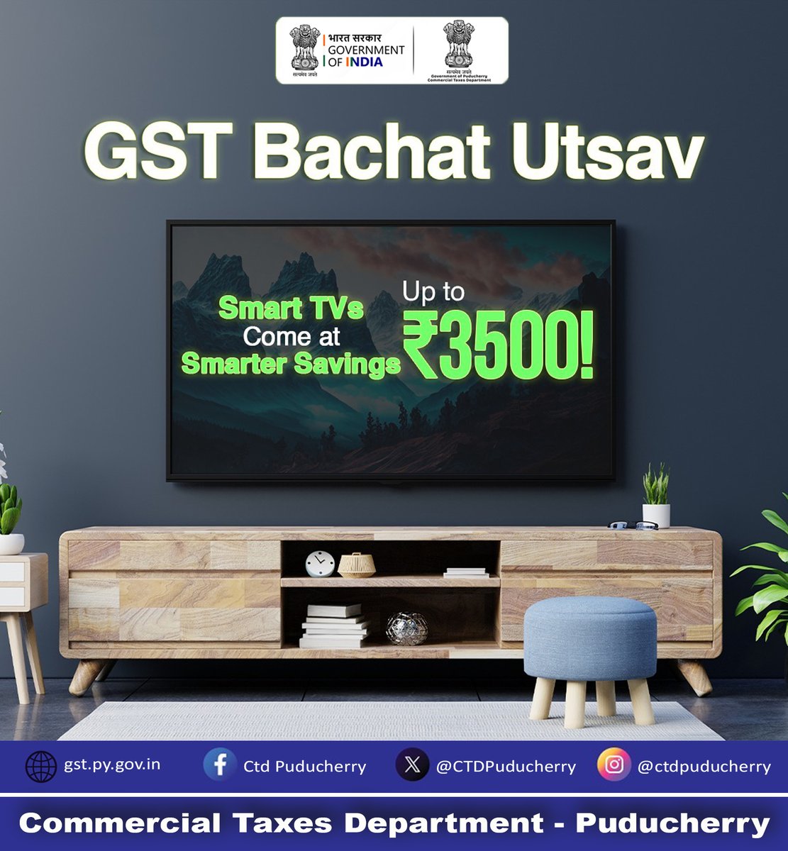 CTDPuducherry's tweet photo. 🎉 GST Bachat Utsav – Smarter Savings for Smarter Choices
Now enjoy Smart TVs at smarter prices with GST savings up to ₹3500
Upgrade your home entertainment while saving more with GST 2.0.
#GSTBachatUtsav #SmartSavings #GSTIndia #CTDPuducherry #DigitalIndia  #TaxReforms https://t.co/Yv88R1SoI0