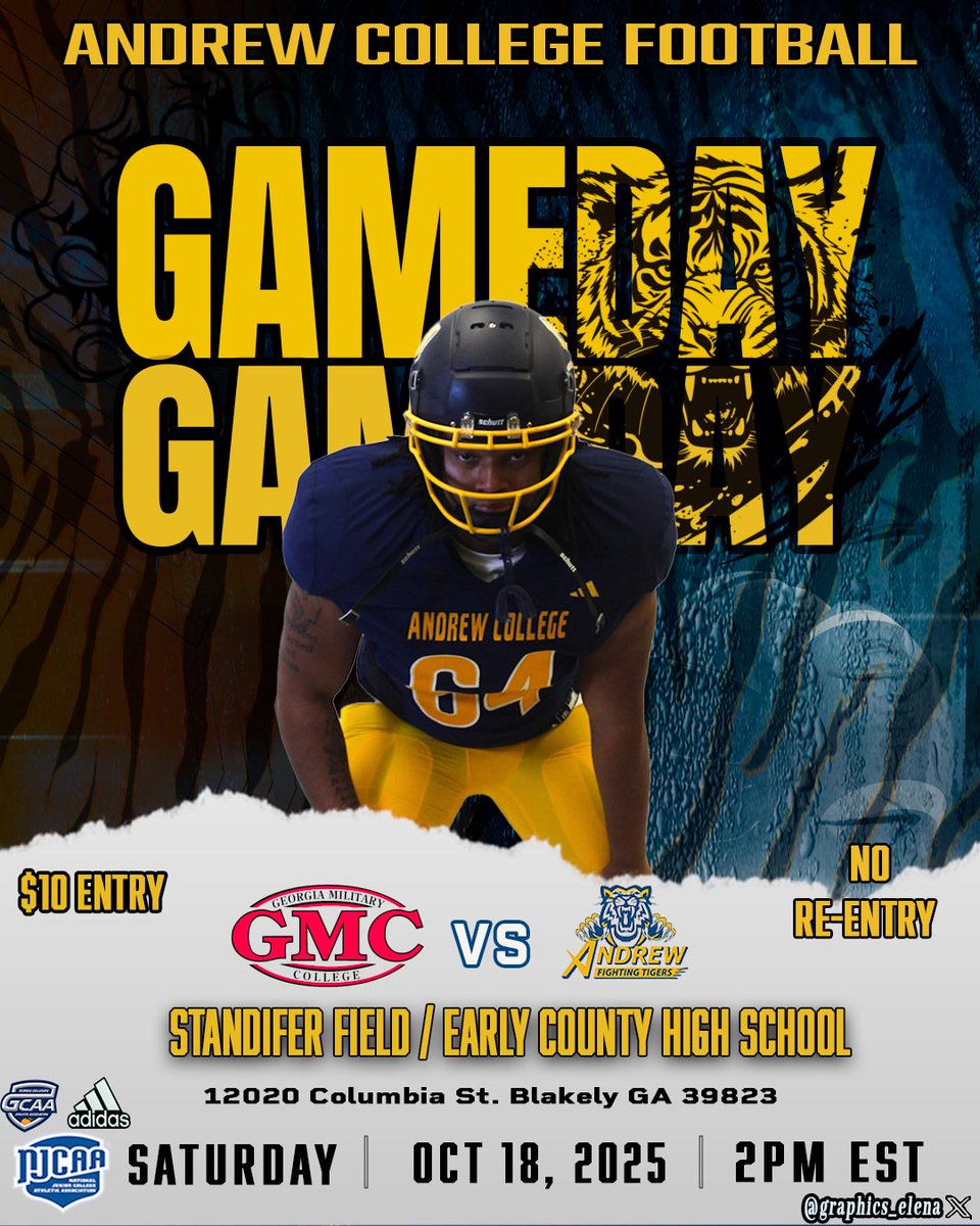 TigersAndrew's tweet image. 🏆 GCAA Conference Championship Week in the Tigers Den!
Your Fighting Tigers are battling for the GCAA title this weekend as we host #6 Georgia Military College at Standifer Field (Early County) — Kickoff at 2:00 PM.
Let’s pack the stands and make history! 🐯 #TigerPride