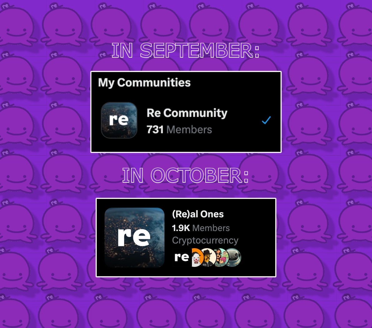 RE COMMUNITY IS BIG 🐙

– at the beginning of september the <a href="/re/">Re</a> community had about 700 members and today in mid-october, we'(re) al(re)ady almost 2,000 and that's (re)ally cool.

– naturally, not all members have joined and a(re) publishing their content on "(Re)al Ones", so if
