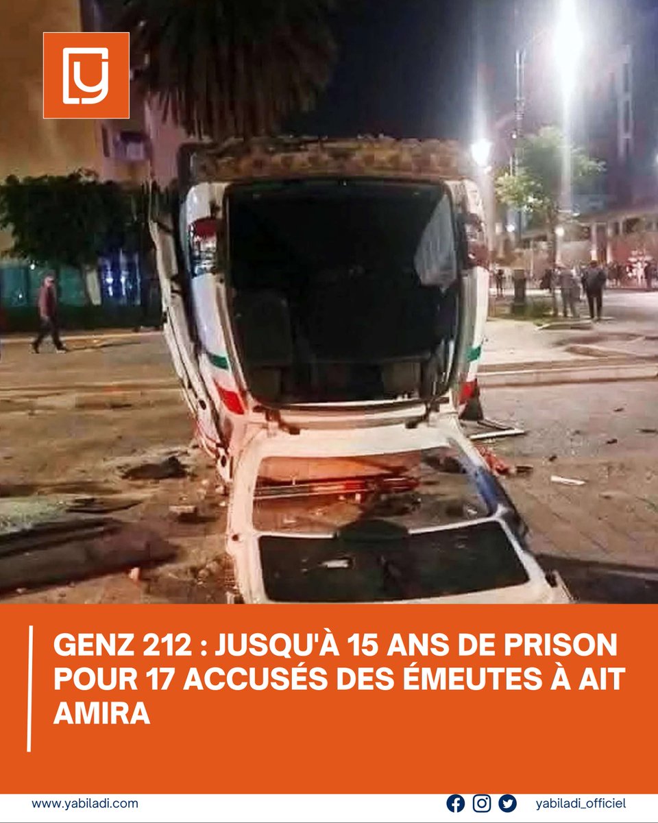 ⚖️ 🇲🇦La Cour d'appel d'Agadir a prononcé des peines allant de 3 à 15 ans de prison contre 17 mis en cause dans des #émeutes, survenues à #Ait_Amira, dans la province de Chtouka Ait Baha, en marge des #manifestations de la #génération_Z début octobre.
Détails 👇 :
