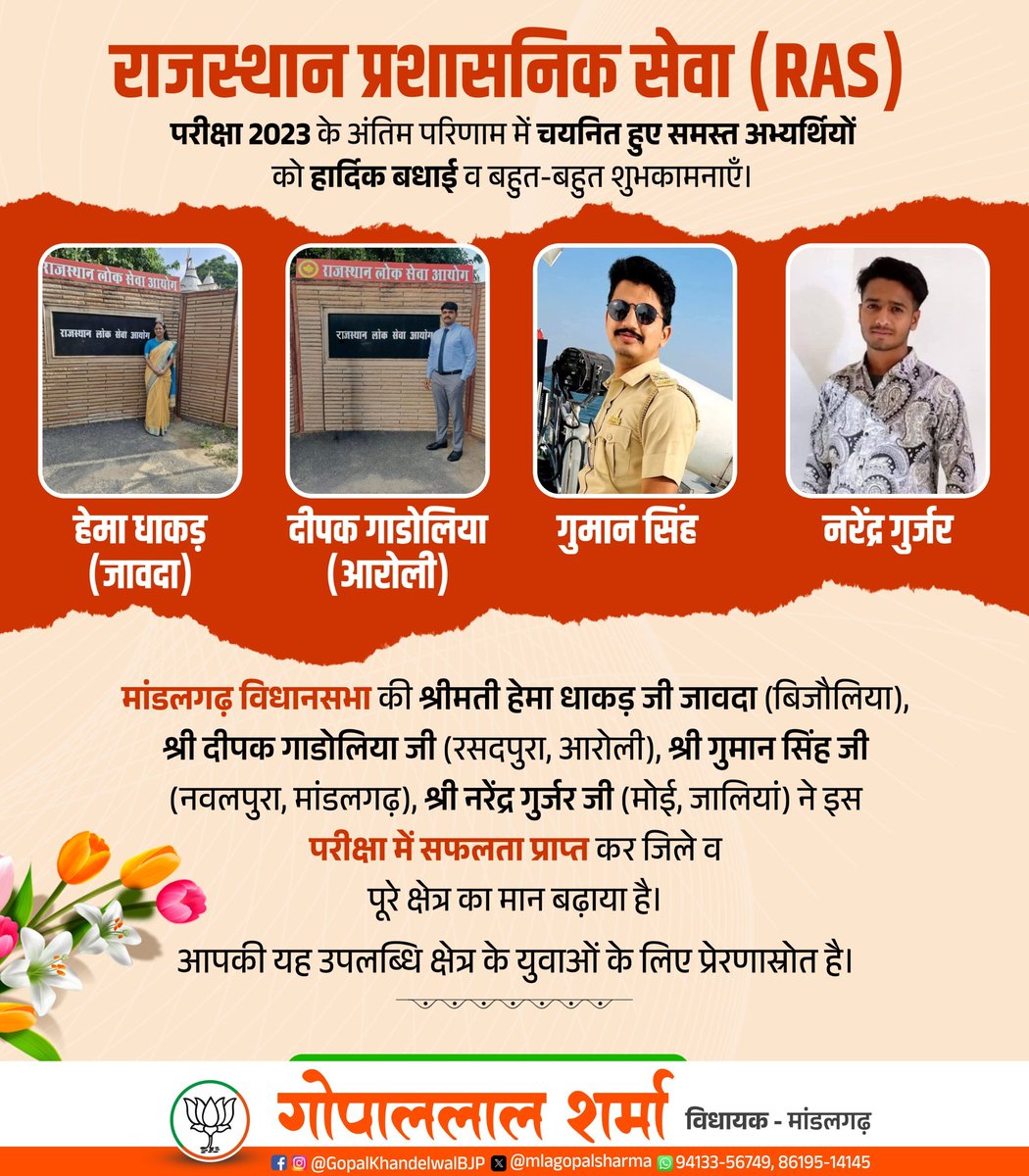 राजस्थान प्रशासनिक सेवा (RAS) परीक्षा 2023 के अंतिम परिणाम में चयनित हुए समस्त अभ्यर्थियों को हार्दिक बधाई व बहुत-बहुत शुभकामनाएँ। 

मांडलगढ़ विधानसभा की श्रीमती हेमा धाकड़ जी जावदा (बिजौलिया), श्री दीपक गाडोलिया जी (रसदपुरा,आरोली), श्री गुमान सिंह जी (नवलपुरा,मांडलगढ़), श्री