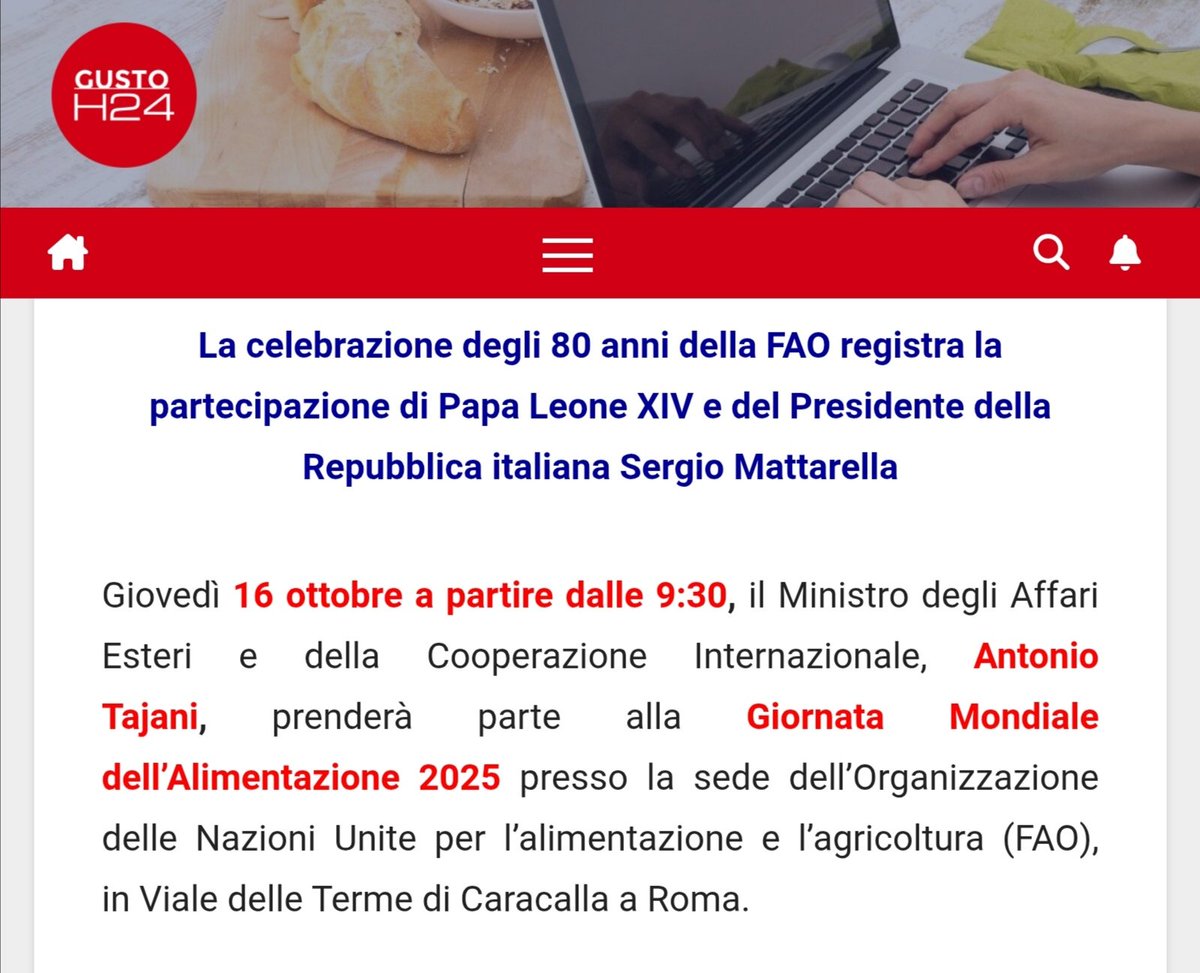 OGGI è la Giornata Mondiale dell' ALIMENTAZIONE.
Leggere tutto su #GUSTOH24 qui: #GustoH24 share.google/UCi67TFYY83iUa…

<a href="/sassi_mario/">Sassi Mario 🇪🇺</a> <a href="/pino_zuliani/">Giuseppe Zuliani</a> <a href="/marcoforc/">Marco Forcellini</a> <a href="/paoloigna1/">paolo ignazio marong</a> <a href="/CarloVischi/">Carlo Vischi</a> <a href="/FAO/">Food and Agriculture Organization</a>