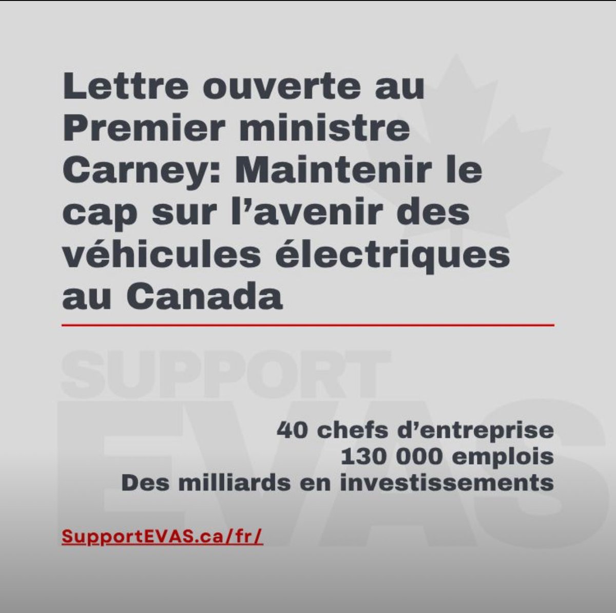Unis pour l'avenir électrique du Canada ⚡

Avec 40 dirigeants de l'écosystème VE, nous demandons au premier ministre Carney de maintenir la Norme canadienne sur la disponibilité des véhicules électriques.

Lisez la lettre ici: supportevas.ca/fr/