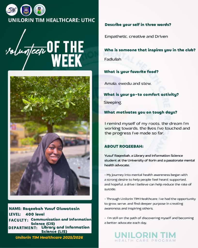 UNILORIN TIM HEALTH CARE PROGRAM (@unilorin_tim24) on Twitter photo 🌟 UTHC VOLUNTEER SPOTLIGHT OF THE WEEK💚
Meet Raqeebah Yusuf Oluwatosin – a dedicated member of the team whose passion, energy, and kindness inspire us all!
#UTHC #VolunteerSpotlight #MentalHealthMatters #UnilorinAt50💫 <a href="/mubabdul_/">Beejay Of Unilorin 👷🏿♂️</a> 🌟 UTHC VOLUNTEER SPOTLIGHT OF THE WEEK💚
Meet Raqeebah Yusuf Oluwatosin – a dedicated member of the team whose passion, energy, and kindness inspire us all!
#UTHC #VolunteerSpotlight #MentalHealthMatters #UnilorinAt50💫 <a href="/mubabdul_/">Beejay Of Unilorin 👷🏿♂️</a>