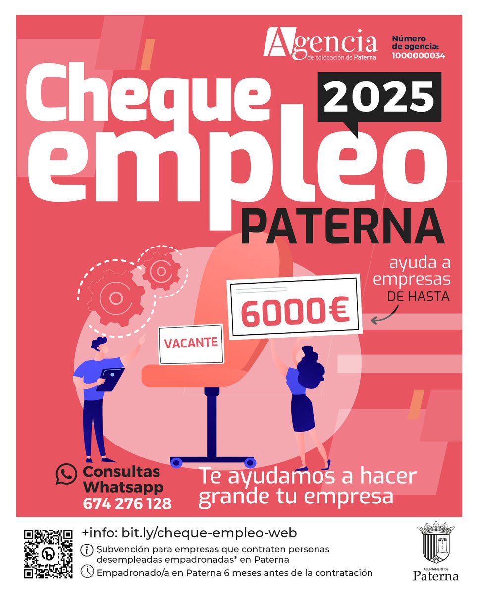 CHEQUE EMPLEO PATERNA 2025

ℹ️Para empresas que hayan contratado desde el 1 de noviembre de 2024 hasta el 31 de octubre de 2025, con una duración mínima tres meses.

✅ Subvención directa de hasta 6.000 euros 

🗓️ Solicítalo hasta el 31 de octubre en 👉 bit.ly/cheque-empleo-…