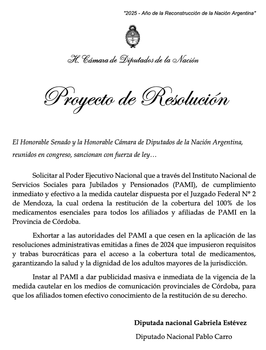 El proyecto de resolución presentado por <a href="/gabiestevezok/">Gabriela Estévez</a>  y <a href="/PabloCarroOk/">Pablo Carro</a>   pide que el Gobierno y el PAMI cumplan de inmediato con un fallo judicial que ordena devolver el 100% de la cobertura de medicamentos a los jubilados y jubiladas de Córdoba. 

También exige que el PAMI