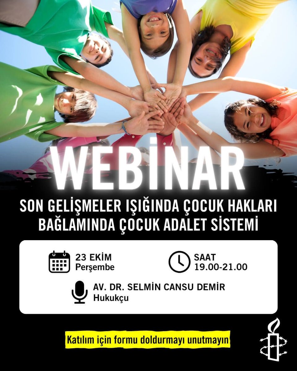 💻 Webinar 1️⃣ : “Engelli Çocukların Eğitime Erişimde Karşılaştıkları Sorunlar” 
📆 Tarih: 22 Ekim 2025 Çarşamba

💻 Webinar 2️⃣ : “Son Gelişmeler Işığında Çocuk Hakları Bağlamında Çocuk Adalet Sistemi”
📆  Tarih: 23 Ekim 2025 Perşembe

sivilalan.com/2025/10/15/kes… <a href="/aforgutu/">Amnesty Türkiye</a>