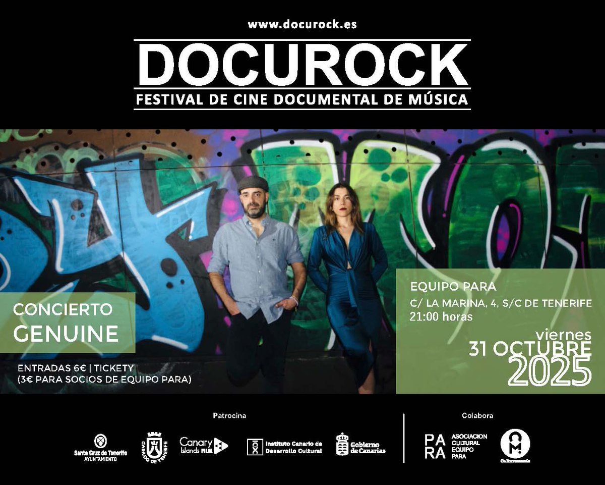 Genuine actuará el viernes 31 de octubre en Equipo PARA.  Entradas a 6 € en
<a href="/tickety_es/">Tickety.es</a> 
3 € socios Equipo Para) y taquilla Equipo PARA (día del concierto).
<a href="/CabildoTenerife/">Cabildo de Tenerife</a>
#ICDC <a href="/santacruz_ayto/">Ayuntamiento de Santa Cruz de Tenerife</a>
#docurock <a href="/culturamania/">Culturamanía</a>