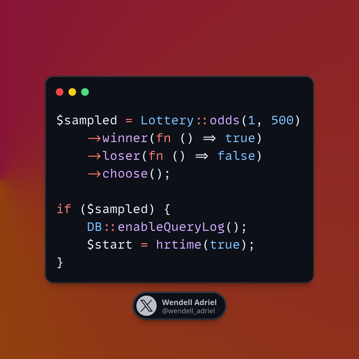 Laravel Tip 🚀

Did you know about the Lottery helper from Laravel? It's great for executing a piece of code only for a percentage of calls/requests.

In the example, we capture full SQL logs for 0.2% of requests, this can be used to spot N+1s and slow endpoints without constant