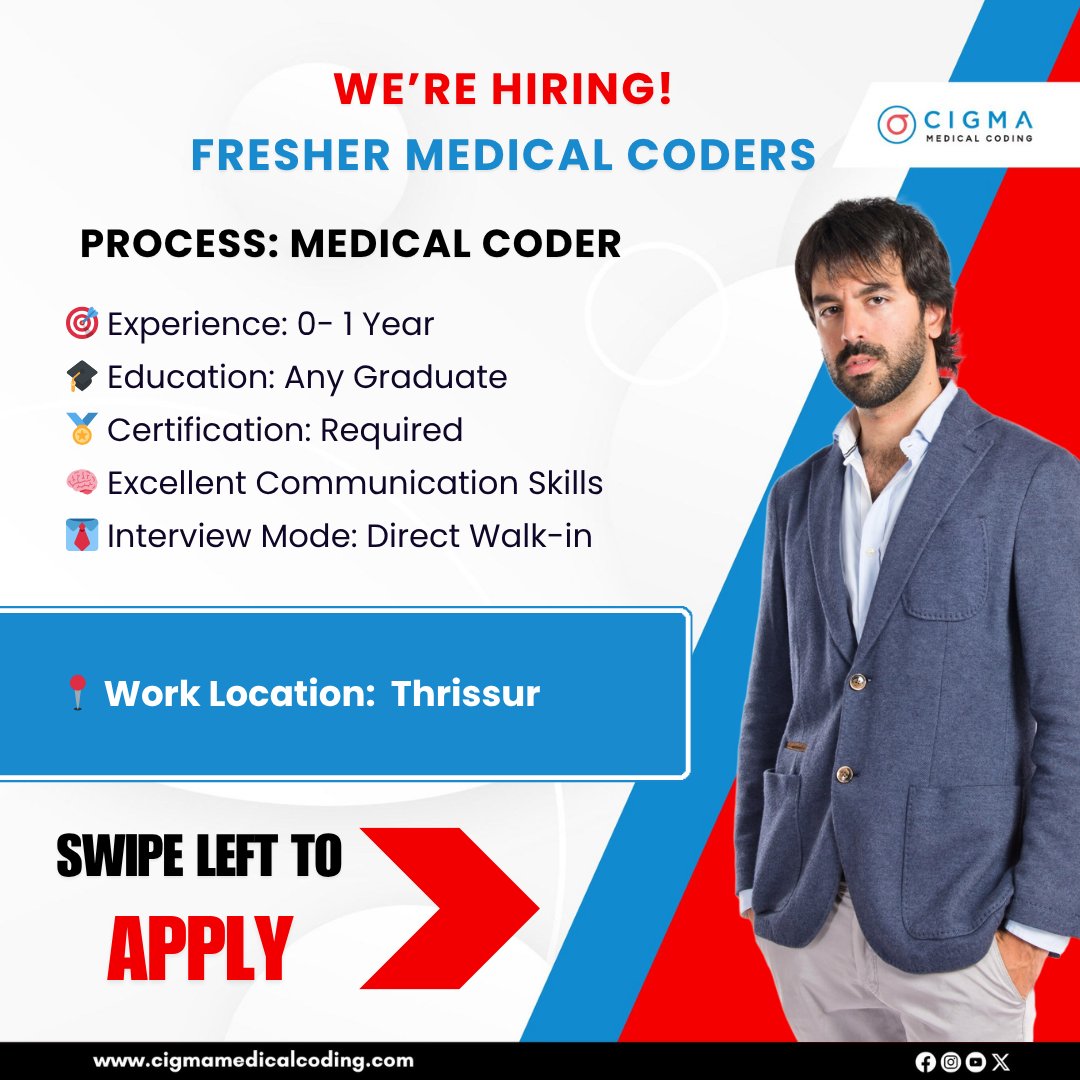 cigmahealthcare's tweet image. Vacancy for HCC Medical Coder
Kickstart your career in medical coding with Cigma Medical Coding – India’s first AAPC Licensed Academy!
Apply now: cigmamedicalcoding.com/job-vacancies/…
#HCCMedicalCoder #MedicalCodingJobs #CigmaMedicalCoding #HealthcareCareers #CPCJobs #MedicalCodingIndia