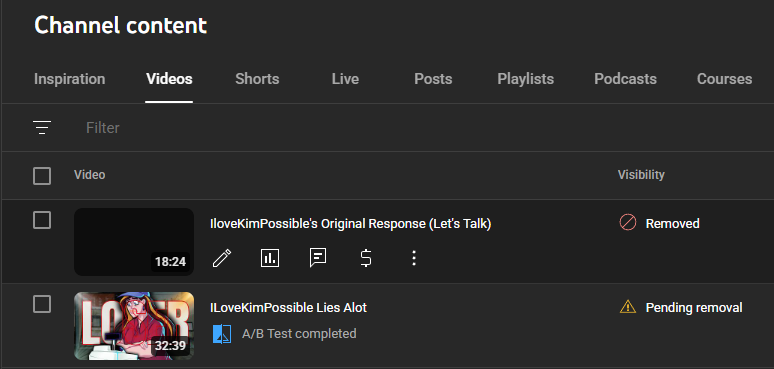 1 full strike and 4 more pending strikes currently, ILovekimPossibleAlot is just straight up trying to have my channel deleted.

She's struck multiple creators/videos covering her. This is blatant abuse of the system to silence creators.