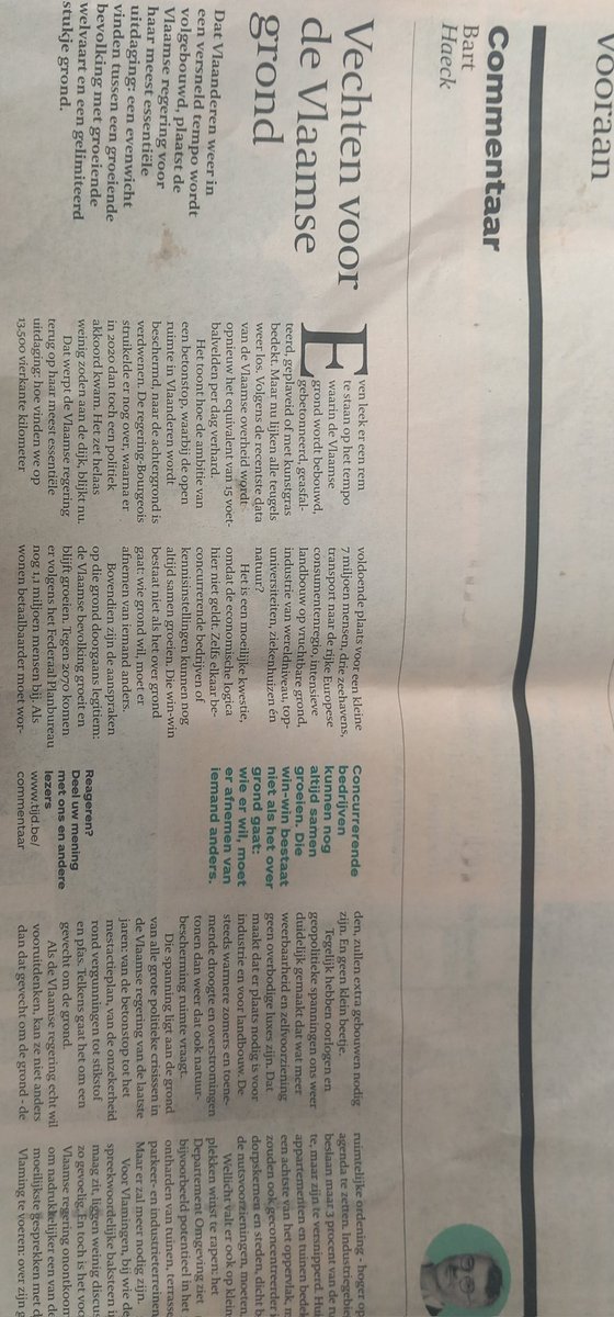 Vreemd,  een heel artikel over druk op de schaase grond in Vlaanderen zonder vermelding van immigratie. Waar komt de 1.1 miljoen bevolkings"groei" tegen 2070 vandaan denkt men dan wel? Dan deed de Nederlandse staatscommissie demografie beter...
