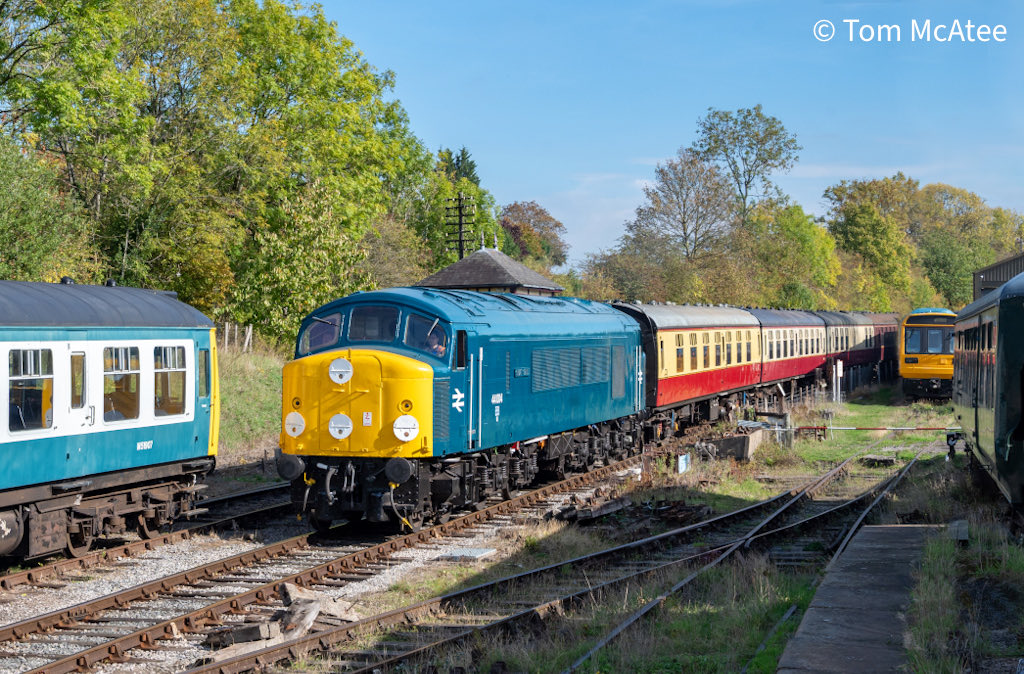 McateeTom's tweet image. Another one from Saturday showcases Banger Blue 44004 'Great Gable' arriving Butterley with the 1251 Riddings to Hammersmith service 11th Oct 2025. 📸 ☀️

⭐️ Gift Store ⬇️🏞️🚂
railwayartprintshop.etsy.com

#class44 #britishrail #ukrailscene #autumn #autumnleaves #photography #railways