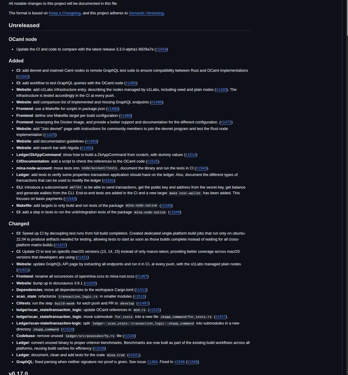 Quite a lot of changes and additions since the last v0.17.0 release of the Mina Rust node... Probably a new  release coming soon.

github.com/o1-labs/mina-r…