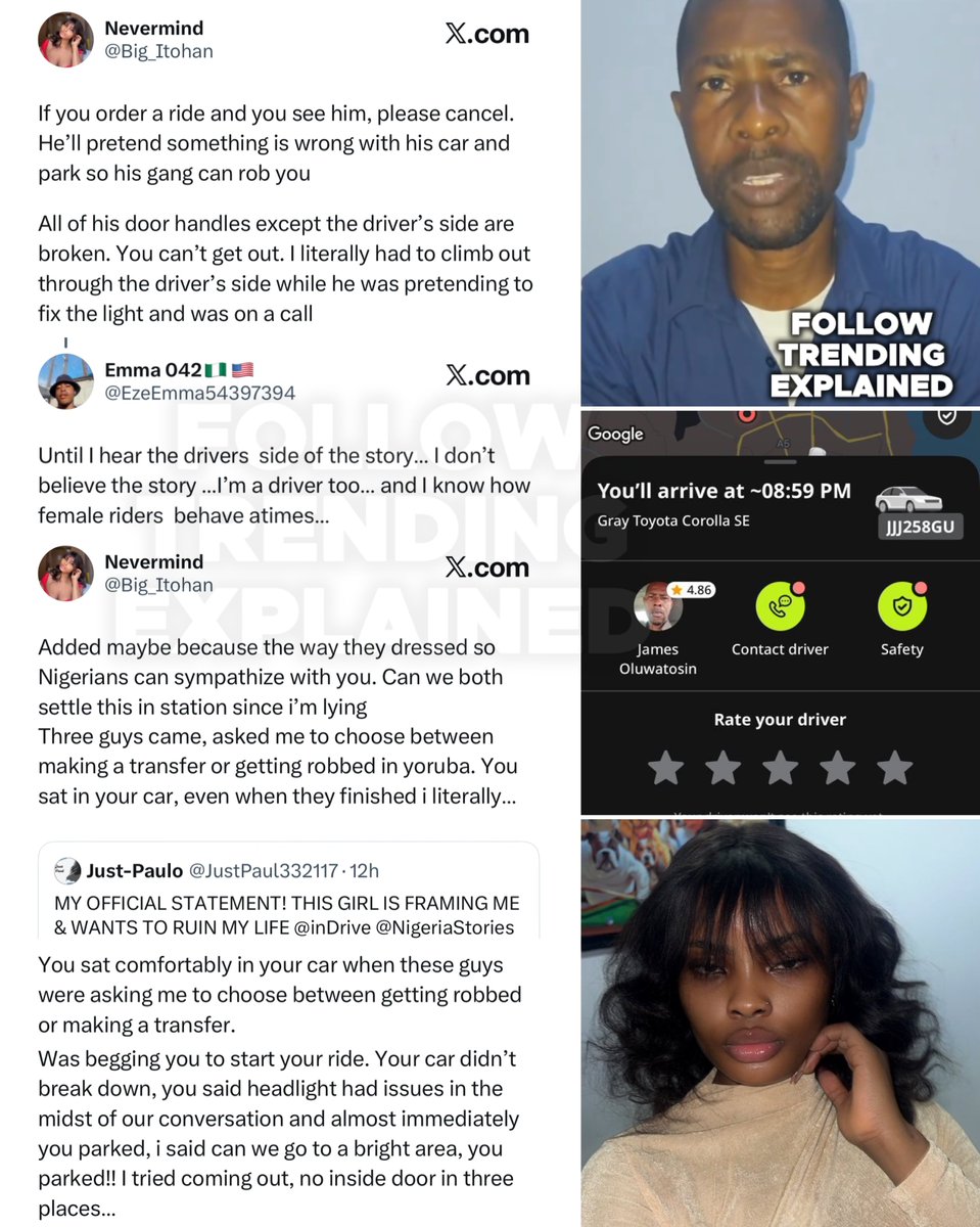 TrendingEx's tweet photo. InDrive is trending because a Driver got suspended after a lady accused him of faking a car repair to allow robbers rob them at Onipanu — The driver has now debunked it to be a lie.

Apparently, on Sunday evening Itohan ordered a ride from Surulere to Mafoluku Oshodi, with her friend, charged at ₦4,800. 

But along the trip, the driver lied that his car had broken down, sat in the car, refused to 
drive as thugs robbed Itohan and her friend. 

Itohan claims the robbers gave them option of getting robbed or settling them with a transfer. All these happened between 8pm to 8:59pm. 

Seeing this report, InDrive immediately suspended the 4.85 rated driver, James Oluwatosin.

Now.. According to The Driver.

When they got to Onipanu, the car tripped  off, all the light on the dashboard tripped off, but luckily the road was free, so he used that kinetic motion to find a well lit open corner to park and check the car. — electrical issues.

He told them to stay inside the car and lock the door. The girls refused, particularly Itohan. Although the handles were broken, so he opened it for them externally and they came out.

As his mechanic was talking him through the DIY fixing, a pastor came to preach to the girls, he tried to block it. After that, street thugs came and aggressively asked him for settlement.

He conversed locally with them, they mellowed and demanded for ₦20k. Meanwhile all he had was ₦1k to give them.

Suddenly, Itohan intervened said the 20k is too much, then she started negotiating with the boys, from 20k to 15k to 4k to 10k to 8k.. Itohan finally paid them 8k. 

Even though the driver kept saying it was too much and unnecessary, and Itohan was worried so they don’t molest them.

After fixing the issue with the help of the same area boys, Itohan’s friend dropped at Oshodi bridge while Itohan dropped at Mafoluku. 

And paid the driver ₦4,000. Instead of ₦4,800, he wasn’t expecting any payments because of the ₦8k she spent already. So he took the ₦4k and everyone left.

Only to now find out his account had been suspended over a report. And to find out the report is from Itohan, he got confused and had to share his own side of the story. Says the car is still how it is, and the ₦4k Itohan sent is still in his account.

That he doesn’t understand or know why she’s saying he set them up for robbery. Itohan still called him a liar for attempting to blame them because of their dressing.

Now, twitter, is already hostile and repellent to accusations, because a lot of the accusations here are mostly false, and to make it interesting, Itohan is a feminist. So it made her allegations watery.

Apparently, area boys harrassing vulnerable car owners is a normal thing in Lagos.

Follow @TrendingEx for daily explanations!