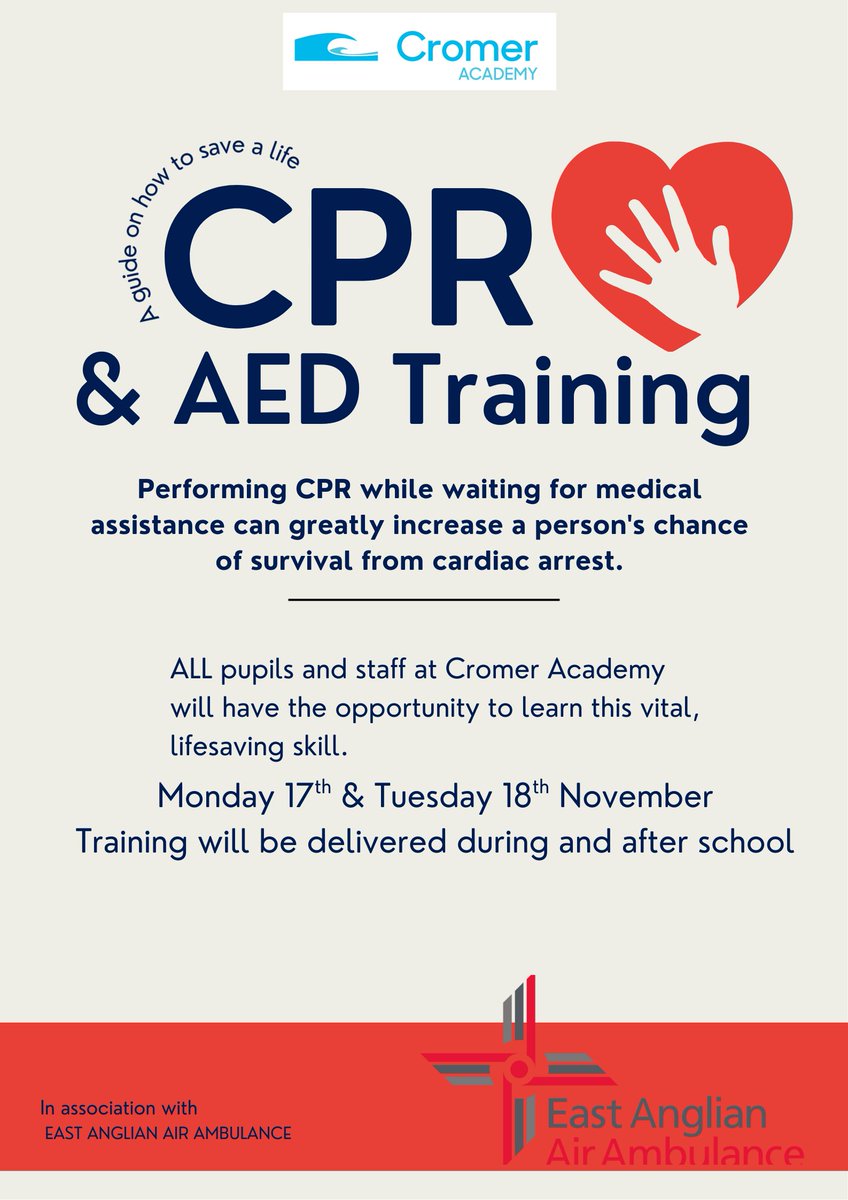 AcademyCromer's tweet photo. Restart a Heart Day 2025

All pupils &amp; staff at Cromer Academy will receive lifesaving CPR &amp; AED Training on 17th &amp; 18th Nov,  thanks to the incredible team from @EastAngliAirAmb
Empowering the next generation of lifesavers! @TheBHF
#RestartAHeart https://t.co/bNU7sWIqVK